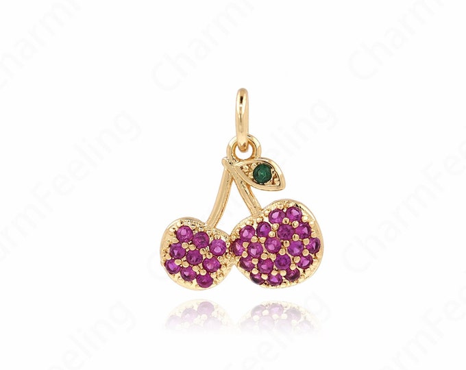 18K Gold Filled Cherry Charm, Cherry Pendant, Micropavé CZ Fruit Charm, Fruit Necklace, DIY Jewelry Accessories, 15.5x12.5x2mm