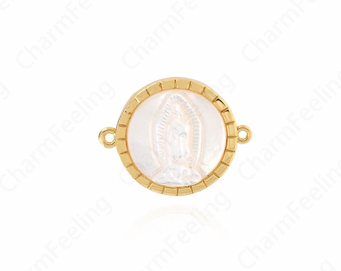 Micropavé CZ Religious Connector,Religious Charm,Round Shell Connector,18K Gold Filled Catholic Charm,DIY Jewelry Supplies,15.5x12x3mm