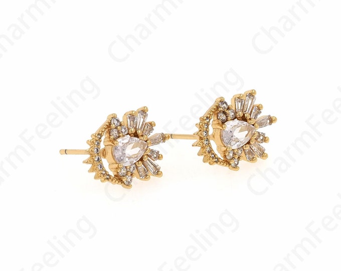 Sun Earrings, 18K Gold Filled Everyday Earrings, Micro pavé CZ Charm Earrings, DIY Jewelry Supplies, 15x11x3.2mm