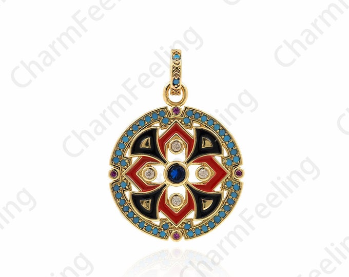 Micropavé CZ Round Animal Pendant,18K Gold Filled Round Necklace,Round Elephant Pendant,Alchemy Coin Pendant 28.5x20x2.6mm