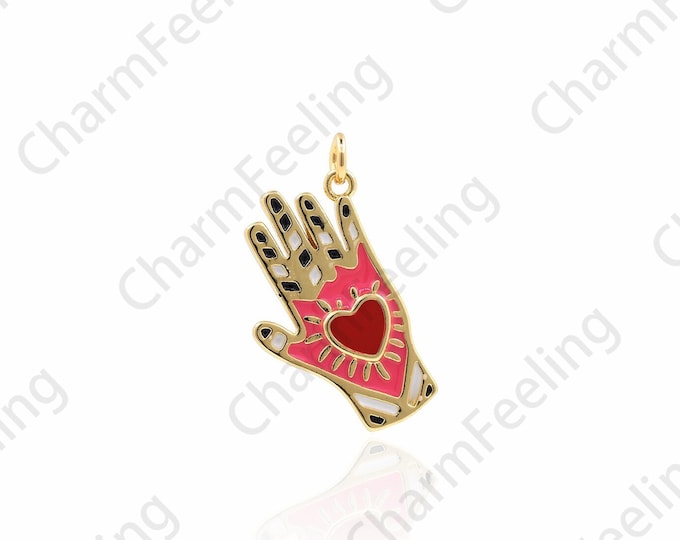 18K Gold Filled Palm Pendant, Enamel Pendant, Enamel Charm, Love Palm Charm, DIY Jewelry Accessories, 27x17x2.2mm