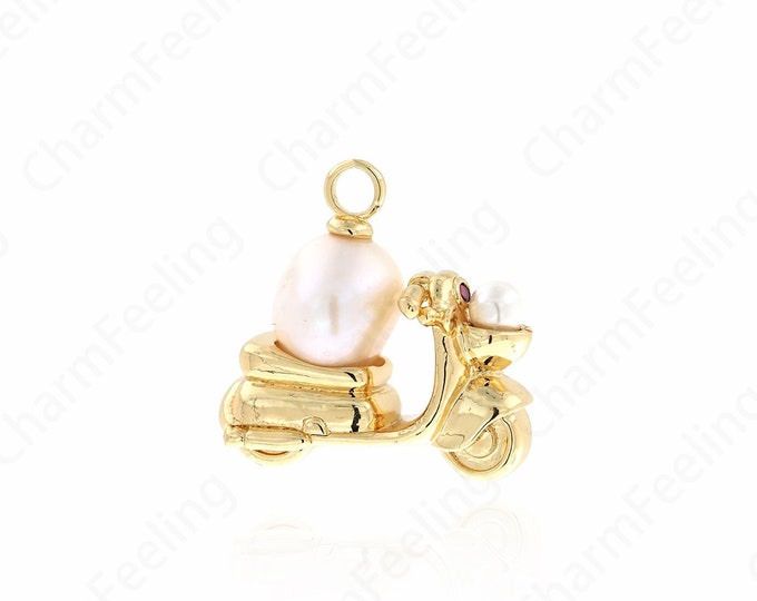 Motorcycle Pendant, Pearl Charm, 18K Gold Filled Racing Charm, Micropavé CZ Electric Motorcycle Charm, DIY Jewelry Supplies, 27x27x13.5mm