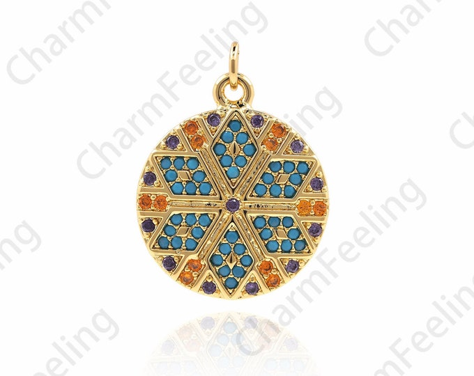 18K Gold Filled Disc Pendant,Micropavé CZ Round Necklace,Colorful Gem Pendant,Flower Charm,Flower Pendant, DIY Jewelry Accessories 26x20x3mm