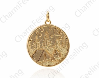 18K Gold Filled Campfire Coin Pendant, Landscape Necklace, Starry Night Pendant, Tent Pendant, DIY Jewelry Components 26x20x2.5mm