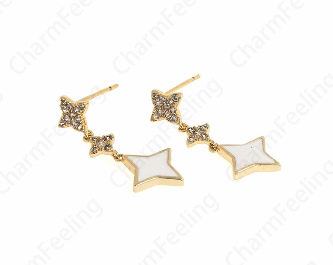 1 Pair, Drop Bar Earrings,Polaris Earrings, 18K Gold Filled Star Earrings, Micropavé CZ Round Earrings, Daily Earrings, 28x11.2x1.3mm