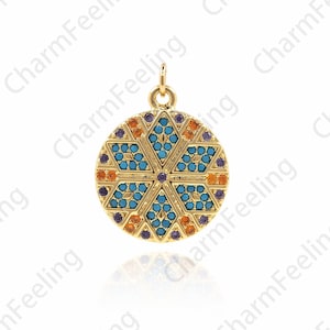18K Gold Filled Disc Pendant,Micropavé CZ Round Necklace,Colorful Gem Pendant,Flower Charm,Flower Pendant, DIY Jewelry Accessories 26x20x3mm