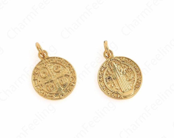 Saint Benedict Pendant, 18K Gold Filled Religious Pendant,Dainty Round Charm, DIY Jewelry Supplies,20.5x14x1.5mm