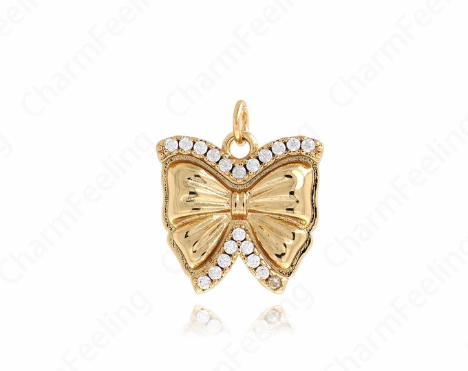 Micropavé CZ Knot Charm, Gold Bow Necklace, Bow Pendant, 18K Gold Filled Bow Charm, DIY Jewelry Supplies, 20x18x2.5mm
