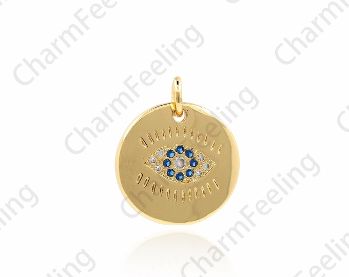 18K Gold Filled Eye Pendant, Micro Pavé CZ Eye Necklace, Round Pendant, Round Coin Necklace, DIY Jewelry Accessories, 18x15x2mm