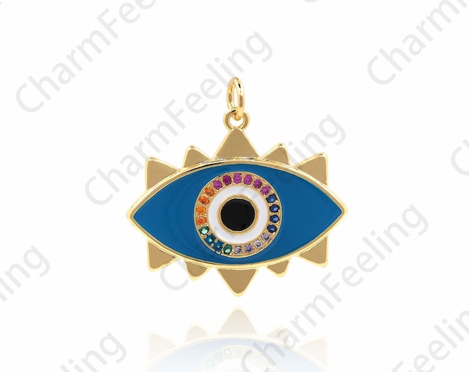 Blue Enamel Cubic Zirconia Eye Pendant, Blue Eye Necklace,Eye Charm, DIY Jewelry Making Accessories 26×26×2mm 1pcs