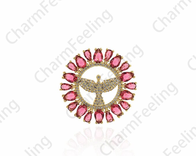 18K Gold Filled Pink Crystal Bird Pendant, Bird Necklace, Bird Charm, Micropavé CZ Animal Necklace, Animal Charm, 32x31x3.5mm