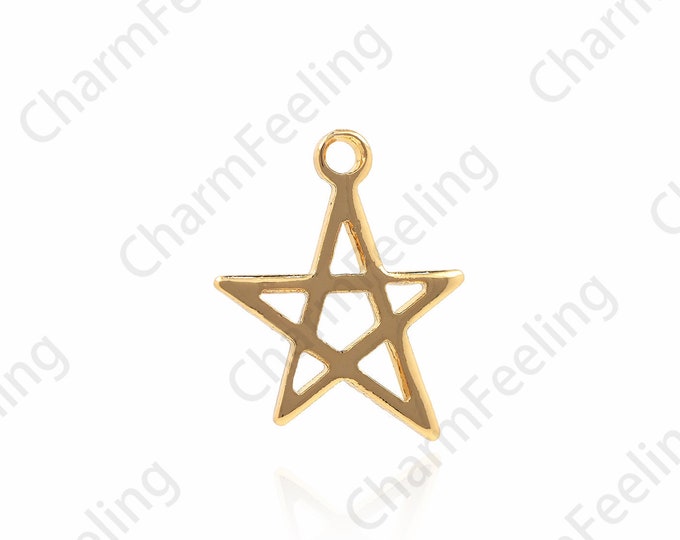 18K Gold Filled Five-Pointed Star Necklace,Line Star Pendant,Simple Pendant,Brass Gold-Plated Necklace,DIY Jewelry Accessories 14x11x1mm