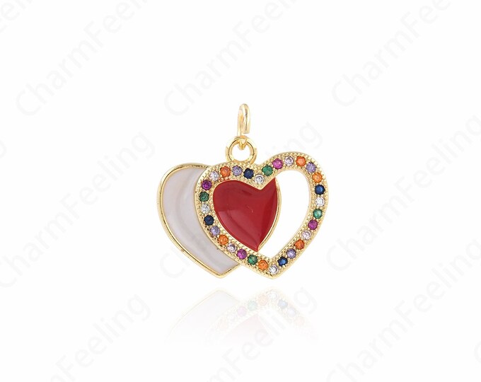 Enamel Heart Charm, 18K Gold Filled Love Necklace, Micropavé CZ Enamel Charm, Heart Pendant, DIY Jewelry Supplies, 18x19x3mm
