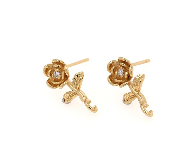 Gold Rose Stud Earring Accessories, 18K Gold Filled Plant Earrings, Micropavé CZ Flower Earring Accessories,DIY jewelry supplies,16x8x2.5mm
