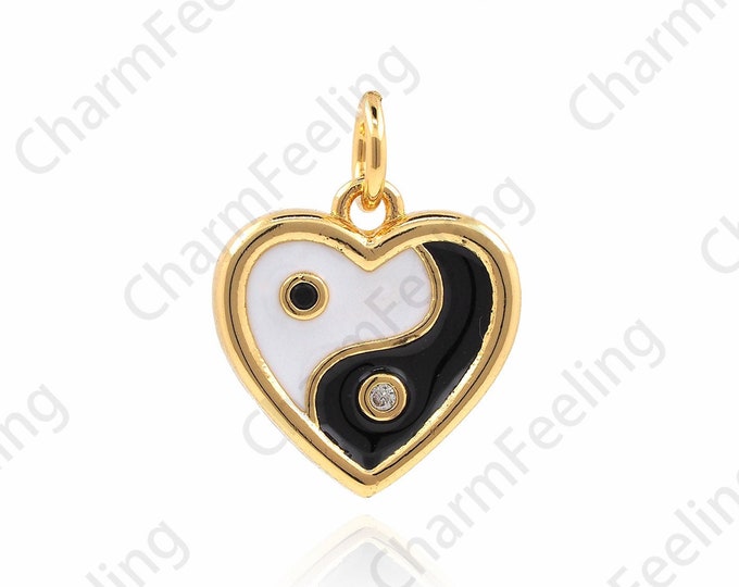 18K Gold Filled Heart-shaped Feng Shui Necklace,Enamel Bagua Pendant,Tai Chi Pendant,Micropavé CZ Enamel Black and White Necklace,17x13x2mm