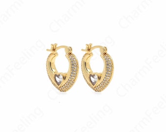 1 pair Gift For Her 18K Gold Filled Heart Earrings,Micropavé CZ Love Earrings,Gold Hoop Earrings,20x17x4mm