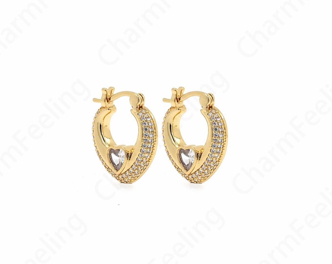 1 pair Gift For Her 18K Gold Filled Heart Earrings,Micropavé CZ Love Earrings,Gold Hoop Earrings,20x17x4mm