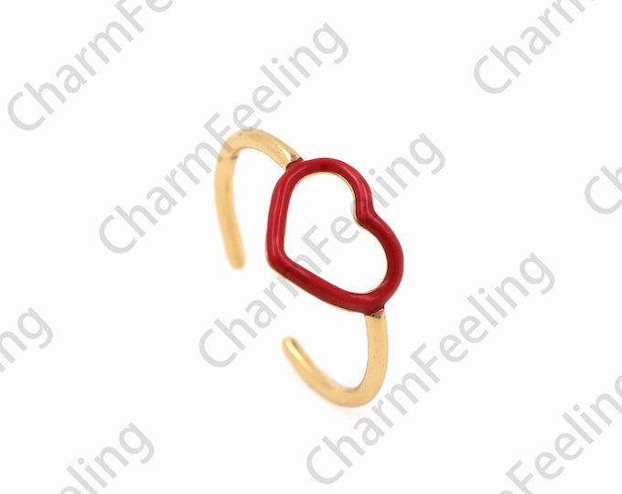 Enamel Hollow Heart Ring, Line Ring, 18K Gold Filled Love Ring, Enamel Ring Jewelry, Gold Open Ring, Adjustable Ring, Gift For Her