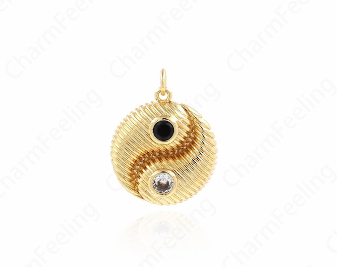 Religious Charm, Tai Chi Necklace, Micropavé CZ Feng Shui Talisman, 18K Gold Filled Taoist Pendant, Religious Pendant, 25x20x5.5mm