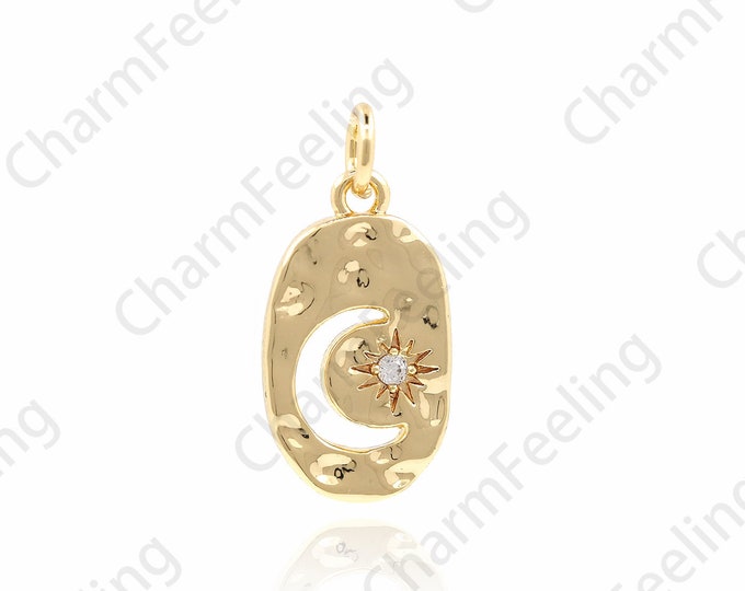 Exquisitely Filled Gold Oval Moon And Star Pendant, Celestial Jewelry, Moon Necklace, Star Charm 21.5x10x1.5mm 1pcs