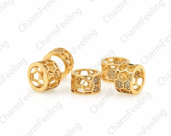 18K Gold Filled Honeycomb Spacer Beads, Micropavé CZ Large Hole Beads, Round Barrel Beads, DIY Bracelet Accessories, 9.5x6mm, Hole 7mm