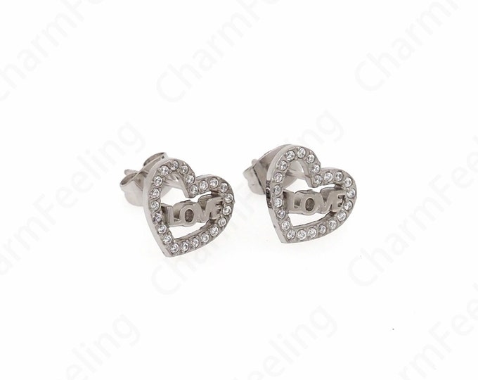 Silver Filled Love Earrings, Heart Earrings, Stainless Steel Earrings, Micro pavé CZ Simple Earrings, DIY Jewelry Supplies, 10x11x1.7mm
