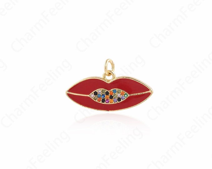 Micropavé CZ Enamel Red Lips Pendant, Enamel Charm, Red Lips Charm, DIY Jewelry Making Accessories 26x15x2.5mm