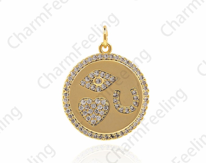Micropavé CZ Alchemy Pendant, Alchemy Pendant, Round Gold Coin Necklace, Round Charm,Eye Charm, Heart Charm, Alchemy Charm 25x19x2.3mm