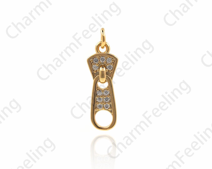 18K Gold Filled Zipper Pendant, Zipper Charm, Micropave Cubic Zirconia Zipper Pendant, DIY Jewelry Component 20x6x2.5mm