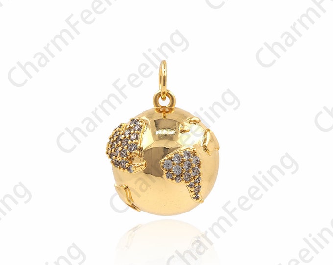 Globe Pendant, 3D Globe Charm, Gold Globe Necklace World Map Charm DIY Jewelry Making Accessories 19.5×14×14mm 1pcs