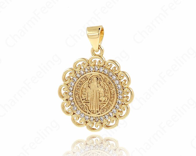 Micropavé CZ Christian Charm, Jesus Pendant, 18K Gold Filled Round Charm, Religious Charm, DIY Jewelry Supplies, 25x18x1.8mm