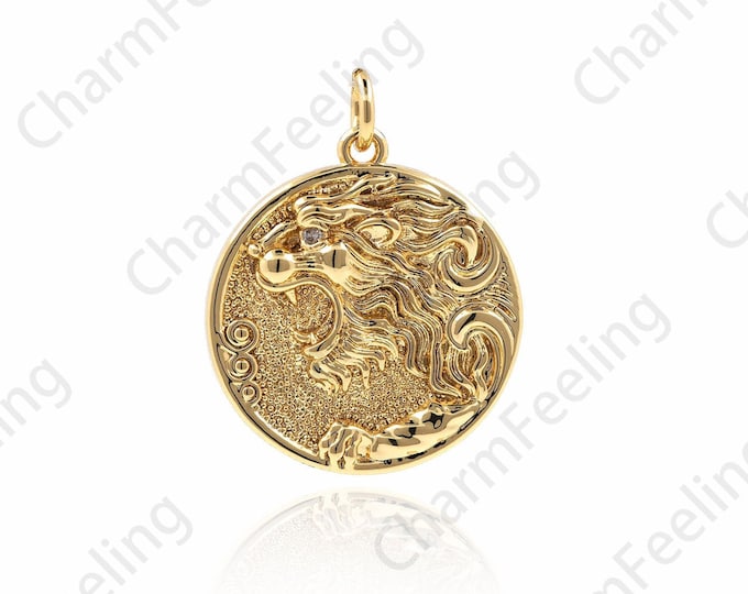 18K Gold Filled Lion Head Coin Pendant, Lion Pendant, Lion Charm, Animal Charm, Round Coin Pendant, DIY Jewelry Accessories 26x20x3.5mm