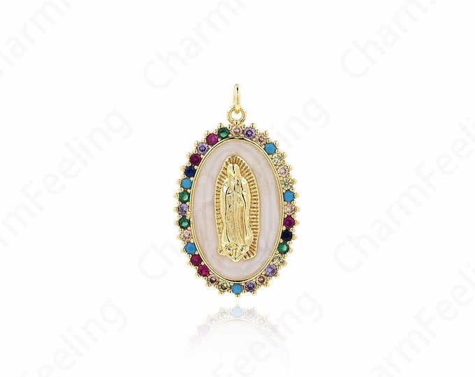 Catholic Charm, Our Lady Pendant, 18K Gold Filled Madonna Charm,Micropavé CZ Oval Maria Pendant, DIY Jewelry Supplies, 36x21x3mm