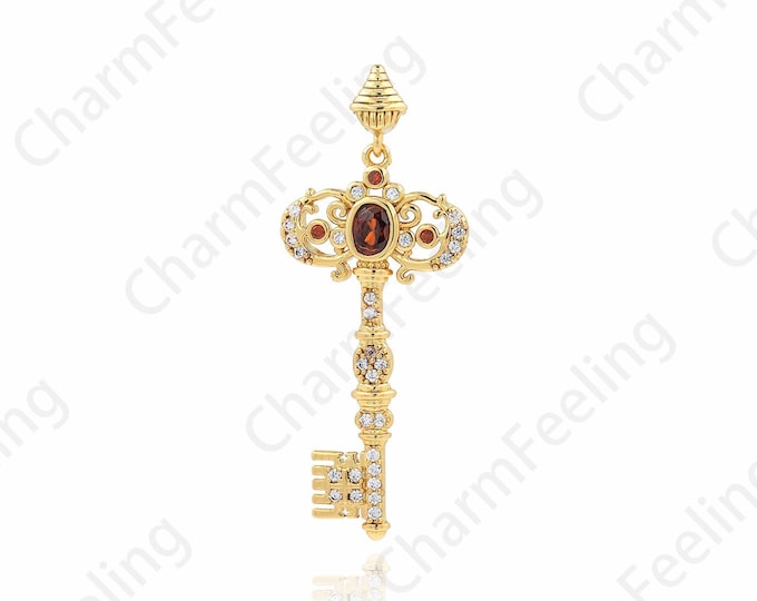 Dainty Key Pendant, Micropavé CZ Key Charm, 18K Gold Filled Key Necklace, DIY Jewelry Supplies, 36x14x3mm