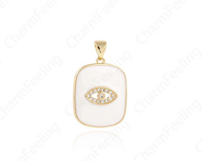 Rectangular Pendant,Square Pendant, Eye Pendant, Micropavé CZ Eye Necklace,18K Gold Filled Enamel Charm,DIY Jewelry Supplies,27.5x17.5x3.5mm