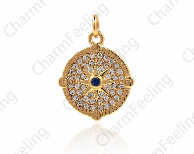 18K Gold Filled Coin Polaris Pendant, Compass Necklace, Compass Charm, Polaris Pendant 18x13x2mm