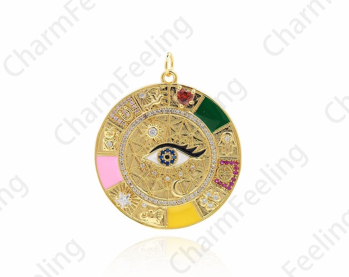 18K Gold Filled Round Eye Pendant, Micropavé CZ Eye Charm, Lucky Eye Necklace, DIY Jewelry Making Supplies, 43x35x2.5mm