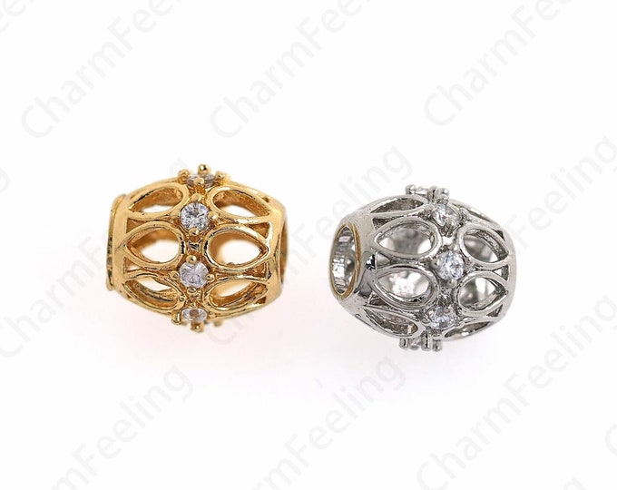 Micropavé CZ Large Hole Beads, 18K Gold Filled Gold Filigree Spacer Beads, Gold Filigree Charm, DIY Bracelet Accessories 10.3x9.8mm