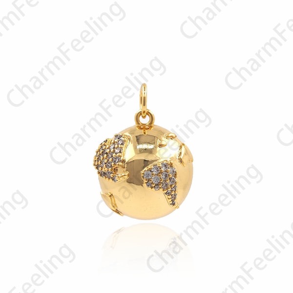 Globe Pendant, 3D Globe Charm, Gold Globe Necklace World Map Charm DIY Jewelry Making Accessories 19.5×14×14mm 1pcs