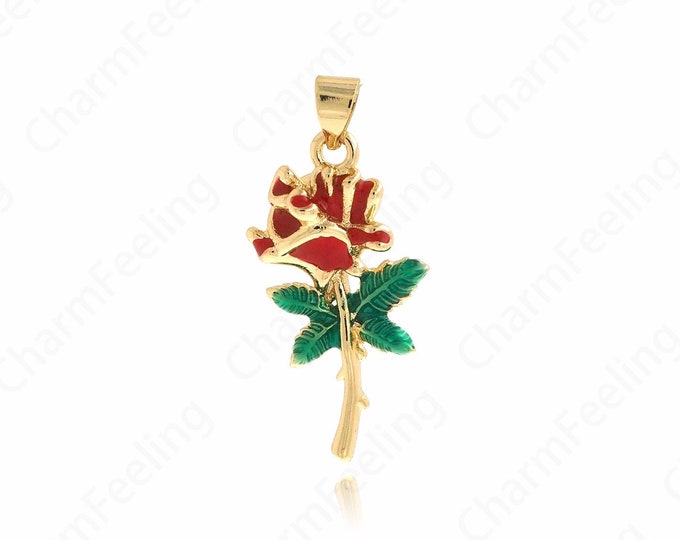 Enamel Rose Necklace, 18K Gold Filled Rose Pendant, Rose Charm, A Gift For Her,DIY Jewelry Making Accessories 32x15x6.5mm