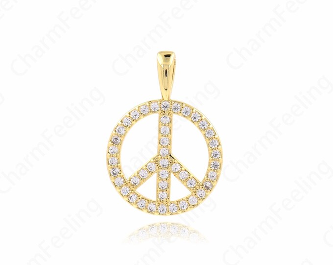 18K Gold Filled Peace Symbol Pendant, Alchemical Charm, Micropavé CZ Round Charm, Peace Charm, DIY Jewelry Supplies, 22.5x16x1.7mm