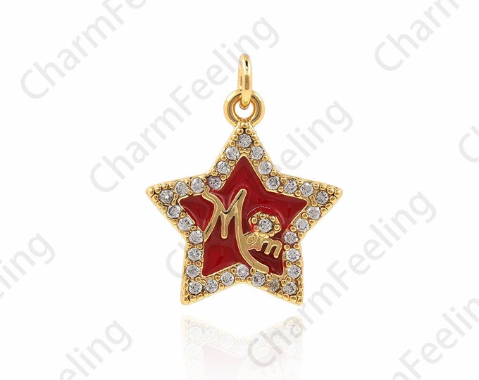 18K Gold Filled Star Mother Pendant, Micropavé CZ Script Necklace, Mother's Jewelry,Enamel Pendant,Star Jewelry, Gift for Mother 18x14x2.5mm