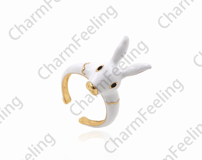 18K Gold Filled Rabbit Ring, Gold Open Ring, Enamel Rabbit Ring, Adjustable Ring, Enamel Ring Jewelry, Enamel Jewelry, Rabbit Charm