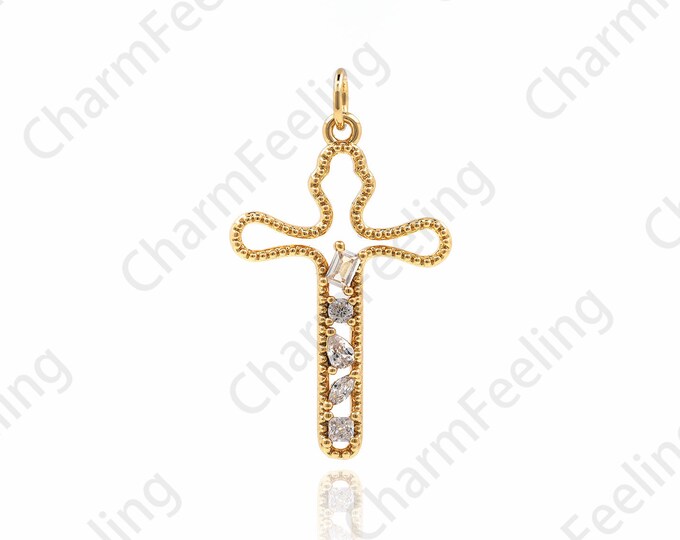 Hollow Cross Pendant, Filled gold Cross Charm, Exquisite Cross Necklace, DIY Jewelry Making Accessories 32x17.5x2.5mm 1pcs