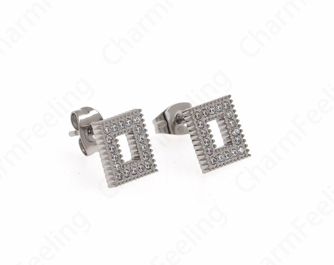 MicroPave CZ Simple Earrings,Silver Filled Rectangle Earrings,Square Earrings,Stainless Steel Earrings,DIY Jewelry Supplies,9x7.5x1.5mm