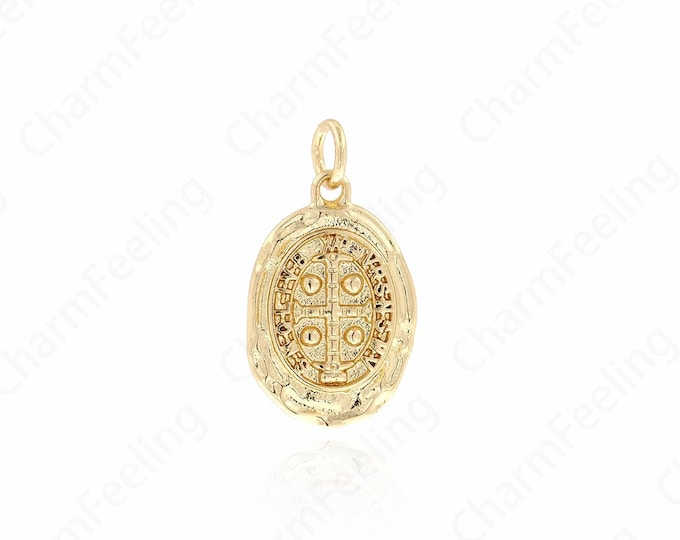 Micropavé CZ Oval Pendant,18K Gold Filled Saint Benedict Cross Charm, CSSML Benedictine Gold medal Charm,21.5x12x1.5mm