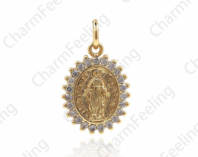 18K Gold Filled Virgin Mary Pendant, Virgin Necklace, Micropavé Cubic Zirconia Strip Pendant, DIY Jewelry Components 20x12x2.5mm
