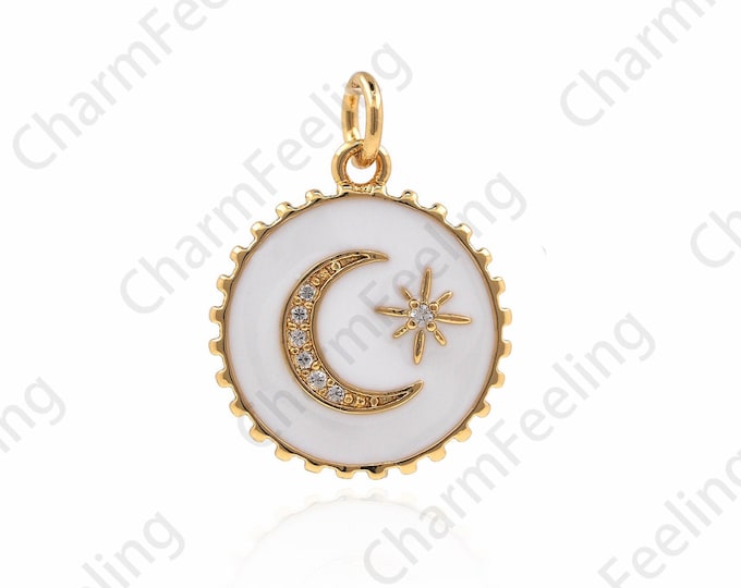 18K Gold Filled Round Necklace,Micropavé CZ Moon Pendant,Round Crescent Pendant,Star Charm 21x16x2.5mm