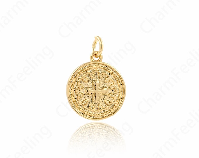 Coin Charm,Round Cross Pendant, 18K Gold Filled Christian Charm,Cross charm, Cross Necklace, DIY Jewelry Accessories, 18.7x14x2mm