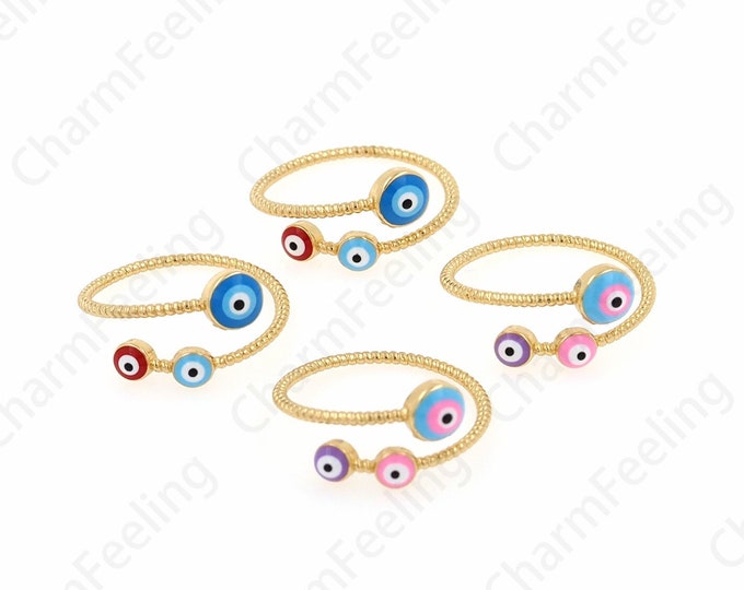 Gold Open Ring, Thin Ring, Micropavé CZ Eye Ring, 18K Gold Filled Enamel Ring, Adjustable Ring, Enamel Jewelry, Eye Charm